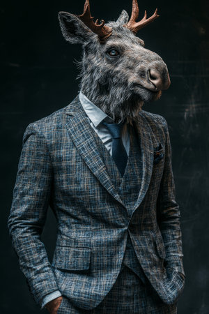 Anthropomorphic Moose in a Suit, Blending Animal and Human Traits on a Dark Backgroundの素材