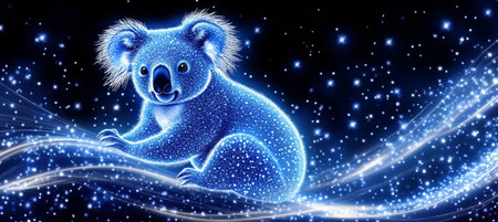 Holographic Blue Koala Gliding Through Digital Space, a Representation of Modern Tech Innovationの素材
