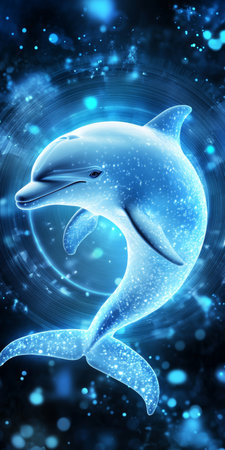 Digital Dolphin, Futuristic Aquatic Illustration Blue Holographic Marine Animal In Motionの素材