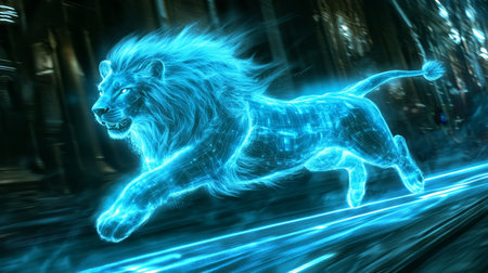 Holographic Lion in Digital Space Futuristic Concept, Modern Technology, Artificial Intelligenceの素材