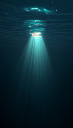 Underwater Sunbeam Abstract Tranquil Ocean Scene With Light Rays And Glowing Water Surfaceの素材