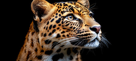 Wild Beauty A Close-Up Portrait of a Majestic Leopard Focusing Beyond the Darknessの素材