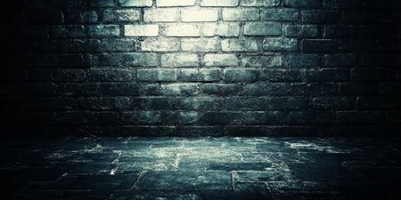Illuminated Black Brick Wall Background, Abstract Grunge Texture With Dramatic Lighting Effectの素材