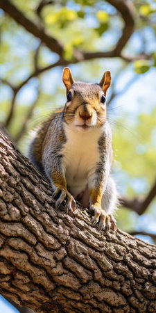 Alert Eastern Gray Squirrel, Sciurus Carolinensis, Perched on Tree Branch in Urban Parkの素材
