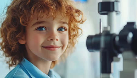 Smiling Young Boy with Red Hair Having an Eye Exam, Focus on a Positive Experience at Doctor s Visitの素材
