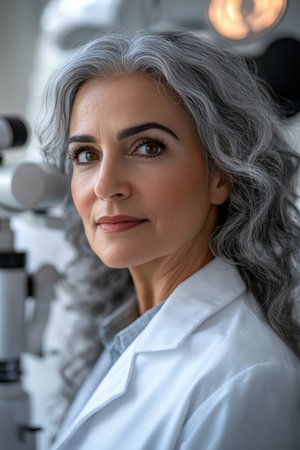 Senior Female Doctor With A Kind Expression Standing By An Ophthalmology Slit Lamp In Her Officeの素材