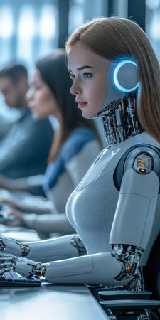 High-Tech Office With Advanced Humanoid Robot Efficiently Collaborating With Colleagues on Computersの素材