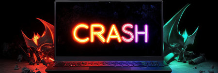 Gaming Laptop Showcasing Neon Crash Text, Flanked by Menacing Game Character Decorationsの素材