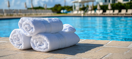 Stacked Fresh White Towels by a Resort Pool, Luxurious Summer Vacation Relaxation Conceptの素材