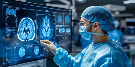 Skilled Neurosurgeon Analyzing Brain Scan Images on a Digital Screen in a Modern Operating Roomの素材
