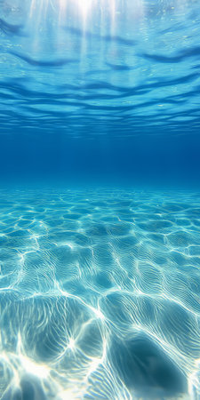 Sunbeams Illuminate a Serene Clear Blue Ocean, Casting a Mesmerizing Glow on the Sandy Seabedの素材
