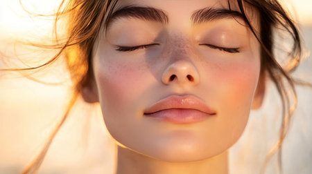 Golden Hour Beauty, Close-up portrait of young woman, ethereal evening light, radiant, blissful.の素材