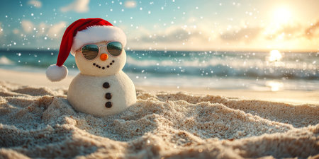 Snowy-Looking Snowman Wearing a Santa Hat and Sunglasses Relaxing on a Tropical Beach at Sunsetの素材