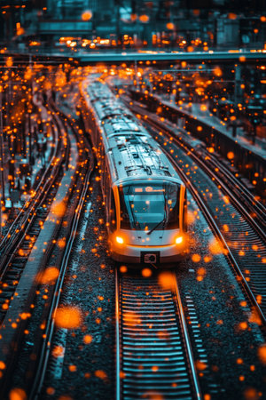 Modern Urban Transit High-Speed Train Navigating Cityscape, Illuminated by City Lights at Dusk.の素材