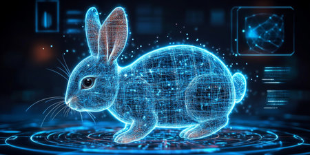 Holographic Rabbit Projection Futuristic Biotechnology, Digital Innovation, and Scientific Researchの素材