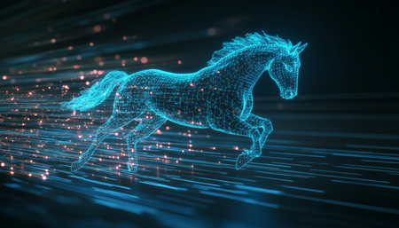 Holographic Horse Running Through Digital Space, Modern Technology Concept Illustration.の素材