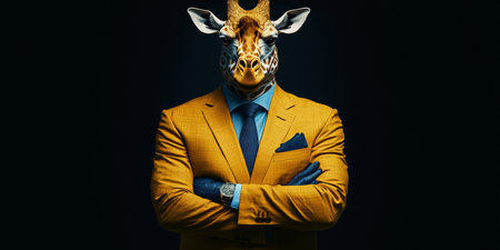 Stylish Giraffe in Yellow Suit with Blue Tie, Watch on Dark Background, Surrealistic Artの素材