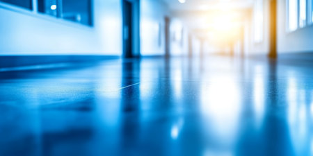 Modern Hospital Corridor. Blurred Interior with Bright Light, Emphasizing Cleanliness and Space.の素材