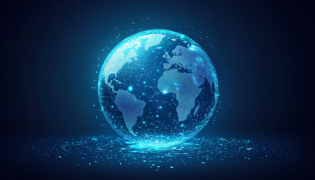 Global Network, Digital World Globe Hologram, Concept of Global Connectivity, Technology Backgroundの素材