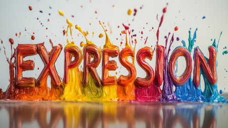 Expression in Color Vibrant Paint Splatter Forms the Word EXPRESSION on White Backgroundの素材