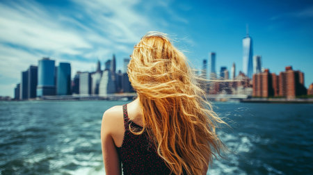 Longing for Adventure Woman with Windblown Hair Contemplates the NYC Skyline From a Ferryの素材