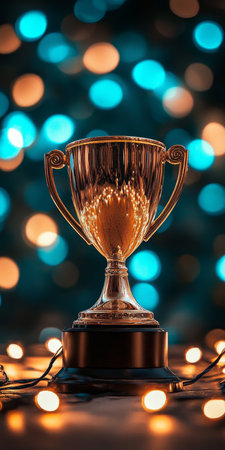 Golden Trophy on Reflective Surface with Bokeh Lights, Celebrating Victory and Achievementの素材
