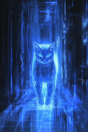 Futuristic Feline Blue Holographic Cat in Digital Space, Embracing Modern Technologyの素材