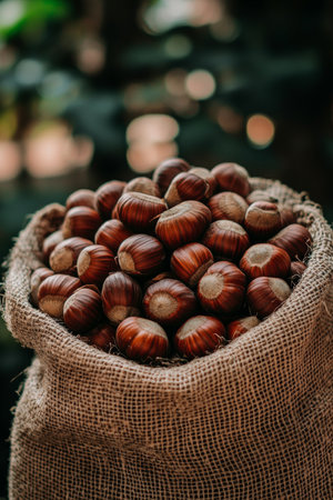 Freshly Harvested Chestnuts in Burlap Sack, Autumn Harvest, Farm Fresh Produce, Organic Foodの素材