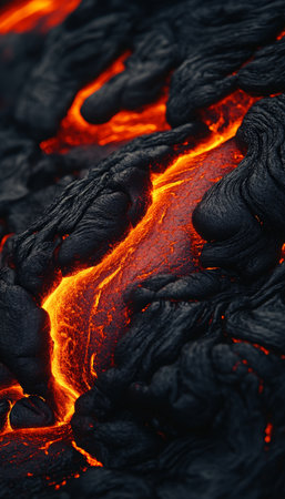 Molten Lava Cracks Flowing Through Solidified Volcanic Rock, Creating a Dramatic Contrast, Close Upの素材