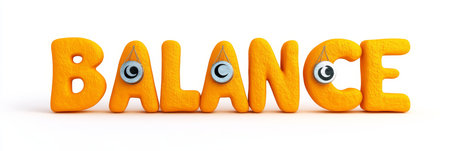 Vivid 3D letters spelling BALANCE, each letter a miniature depiction of a scale on white backgroundの素材