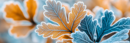 Frost-Covered Oak Leaves In Vibrant Orange And Blue Close-Up With Blurred Background, No Filtersの素材