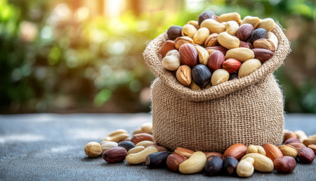Mixed nuts spilling from a rustic burlap sack, healthy snacking and ingredients concept.の素材