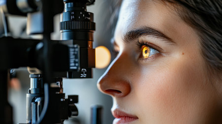 Eye Examination In Progress Female Patient Getting Eyesight Checked With Modern Equipment, Close-Upの素材