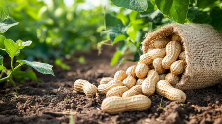 Freshly Harvested Peanuts Spilling From Burlap Sack in Field, Organic Farming Backgroundの素材
