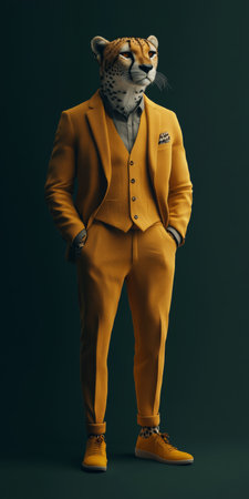 Stylized Cheetah in a Suit on a Dark Background, Blending Animal and Human Characteristicsの素材