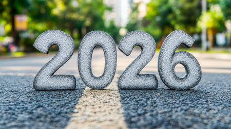 Road to 2026 Silver Numbers on Asphalt Symbolize the New Year and Future Aspirations.の素材