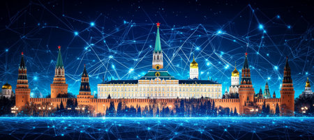Moscow Kremlin with Glowing Dots Historic Architecture and Global Communication Concept.の素材