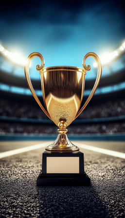 Golden Trophy Under Stadium Lights Symbol of Championship, Victory, and Sports Achievementの素材