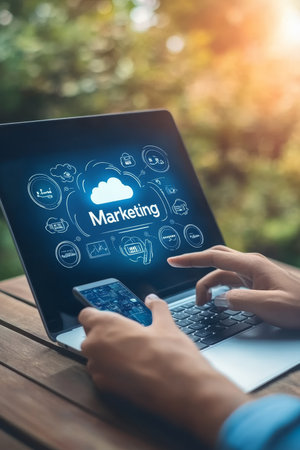 Businessman Using Cloud Based Marketing Automation Software Via Mobile Device, Conceptual Imageの素材