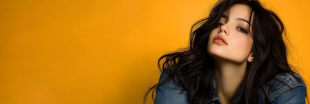 Portrait Of A Beautiful Young Woman On Orange Background, Denim Clothes, Studio Portraitの素材