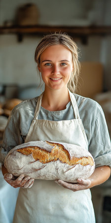 Artisan Baker with Freshly Baked Bread A Portrait of Passion,, Expertise, and Quality Ingridients.の素材