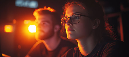 Portrait Of A Beautiful, Thoughtful Woman, Man And Cafe Interior With Lights Are Blurred Backgroundの素材