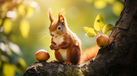 Curious Red Squirrel Perched on a Sun-Drenched Branch, Enjoying an Autumn Treat of Applesの素材