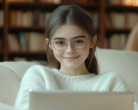 Smiling Young Woman in Glasses Working On Laptop Comfortably On Sofa, Home Office, Online Educationの素材