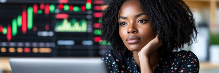 Contemplative Woman Analyzing Stock Charts and Graphs, Reflecting on Rising Stock Pricesの素材