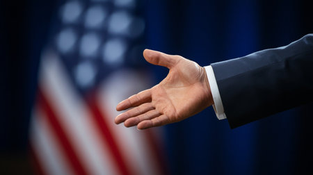 Close-up of Businessman s Outstretched Hand, American Flag in Background, Offering a Handshakeの素材