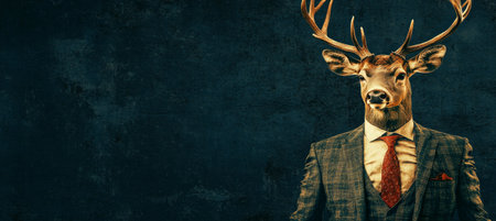 Deer in a Suit, Anthropomorphic Portrait on Dark Background, Animal Human Hybrid Conceptの素材