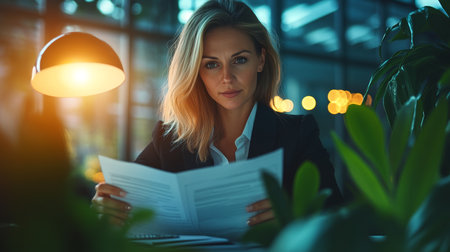Focused Female Professional Reviewing Documents Under Warm Lamplight in Office Settingの素材