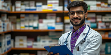Happy Pharmacist with Clipboard in Pharmacy Store, Expertise in Medication Dispensingの素材
