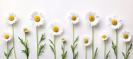 Fresh White Daisy Flowers in Various Stages of Blooming on White Background, Floral Patternの素材